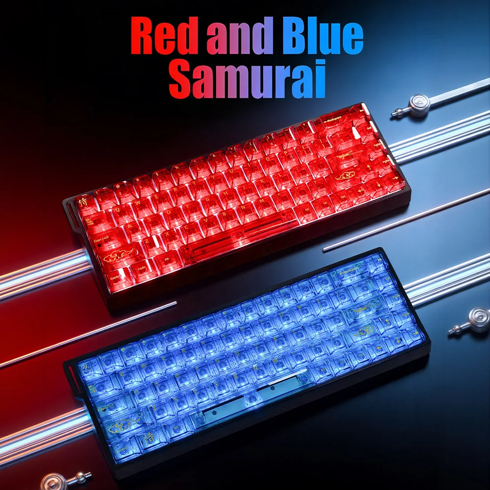 Tecla de cristal transparente samurai roja y azul para PC, cristal de hielo con transmisión total de luz, eje magnético, tapa de teclado mecánico