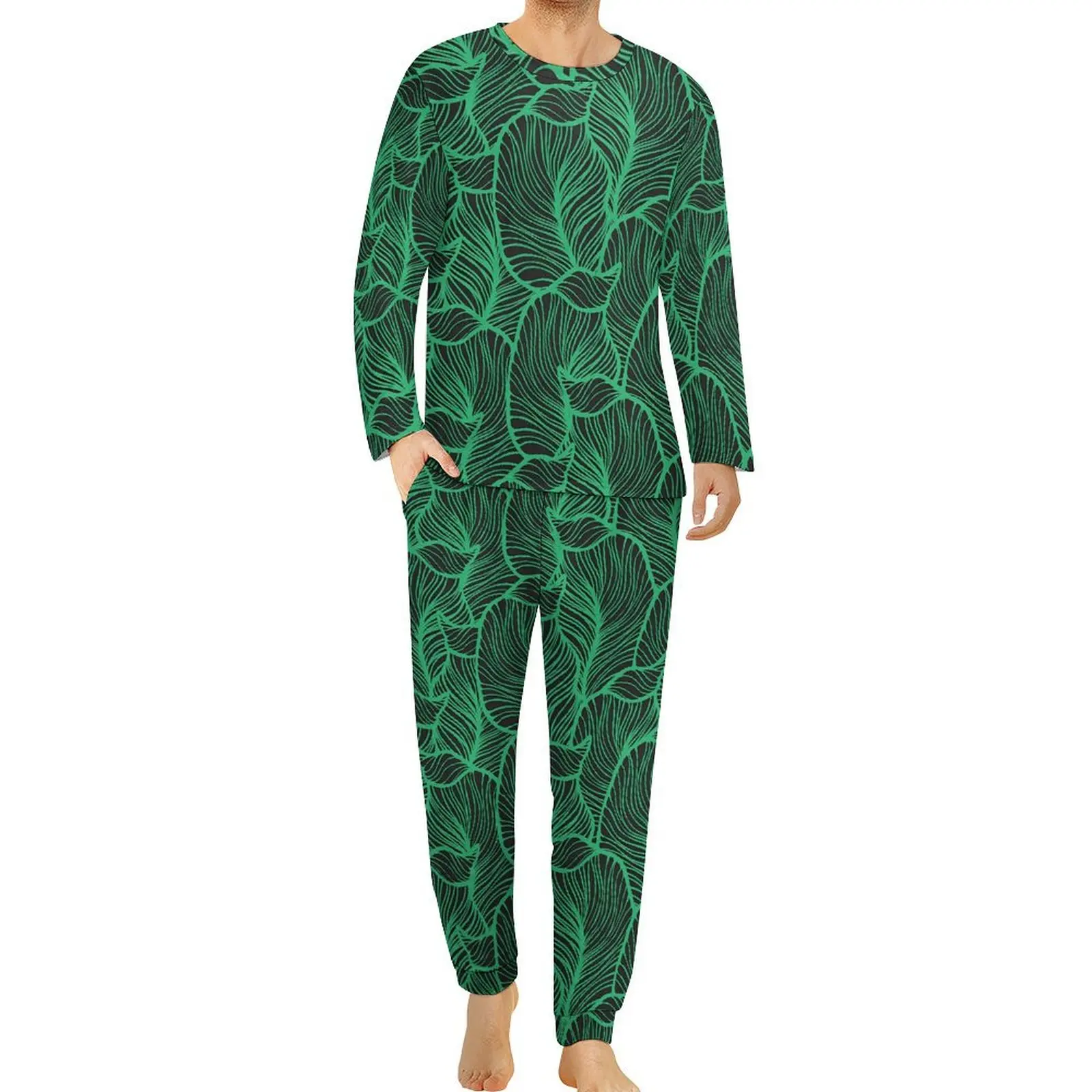 Tropical Print Pajamas Long Sleeves Green Leaves 2 Piece Casual Pajama Sets Winter Men Printed Trendy Oversized Home Suit