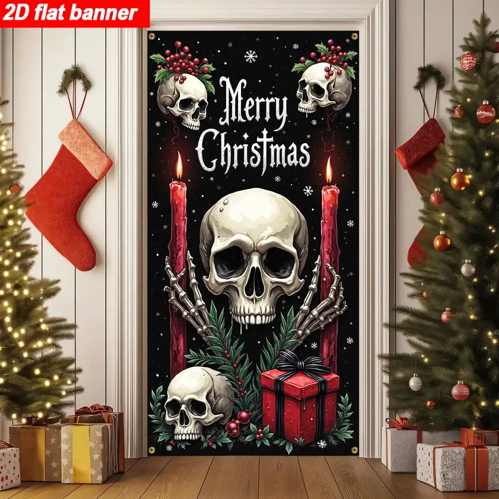 2D Flat Banner Featuring Gothic Christmas Decorations Halloween-Themed Scary Skull Design Skulls Candles Holly Berries Backdrop