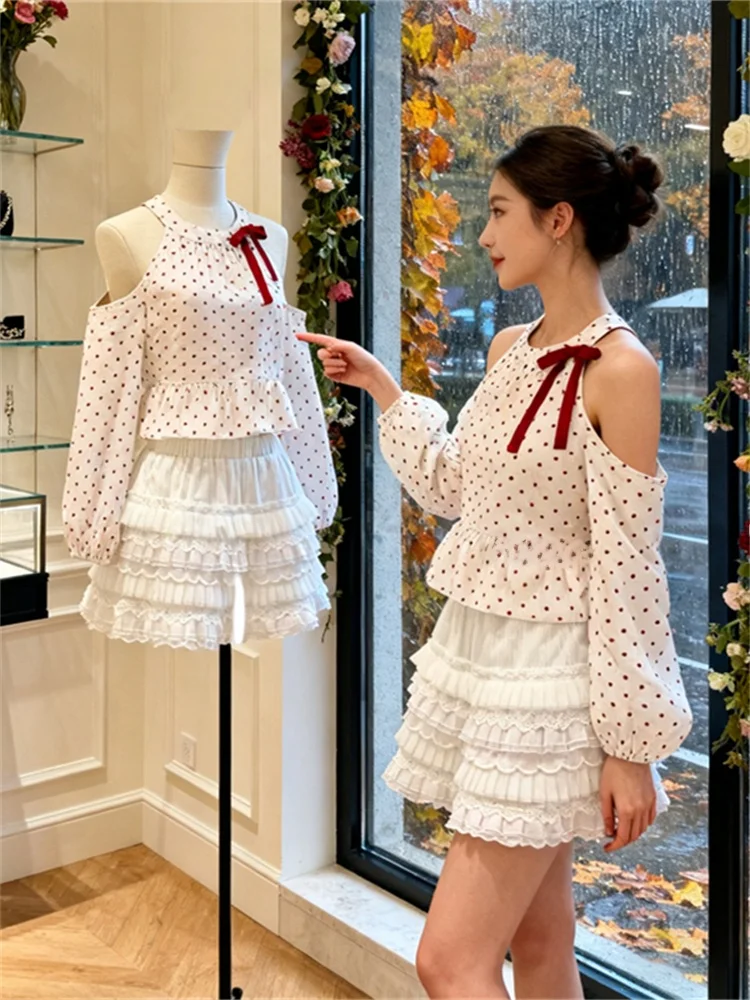 

Sweet Sle Polka Dot oulder Bared High Waist Two Piece Set Women's Faionable Spring Collection Comfortable Warmth Clothing