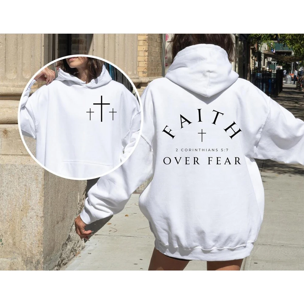 Faith Over Fear Verse Hoodie Christian Shirt Aesthetic Bible Verse Sweatshirt Motivational Hoodies Men Women Long Sleeves Hoodie