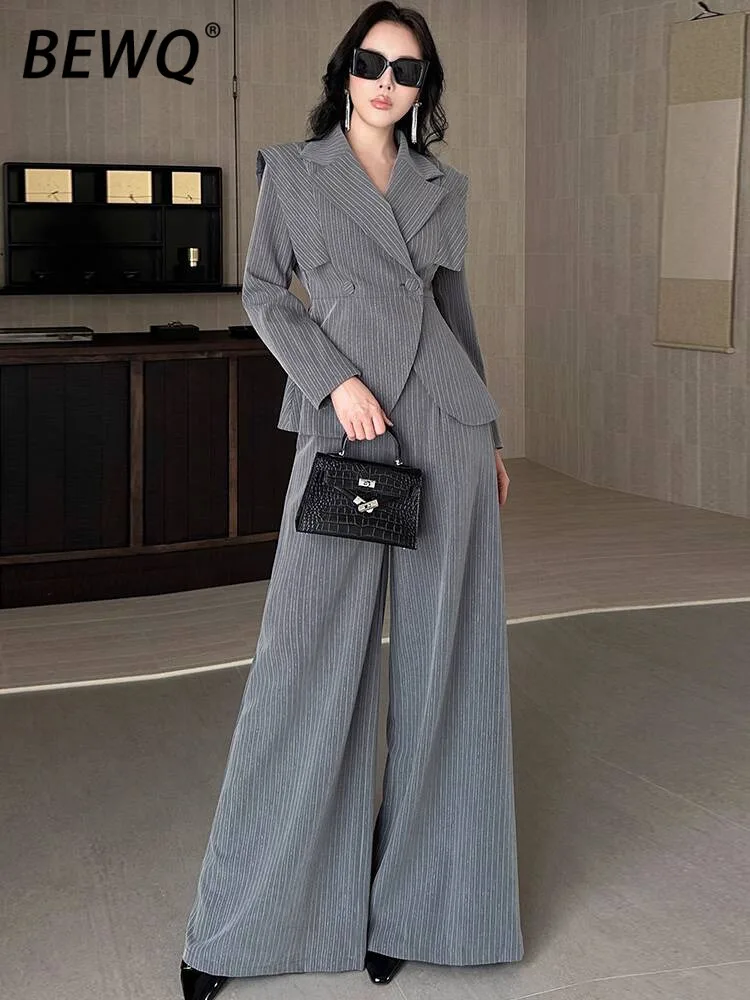 

BEWQ Fashion Women's 2 Pcs Set Notched Stripe Irregular Design Blazer Loose High Waist Pants Office Lady Suit 2025 Autumn New