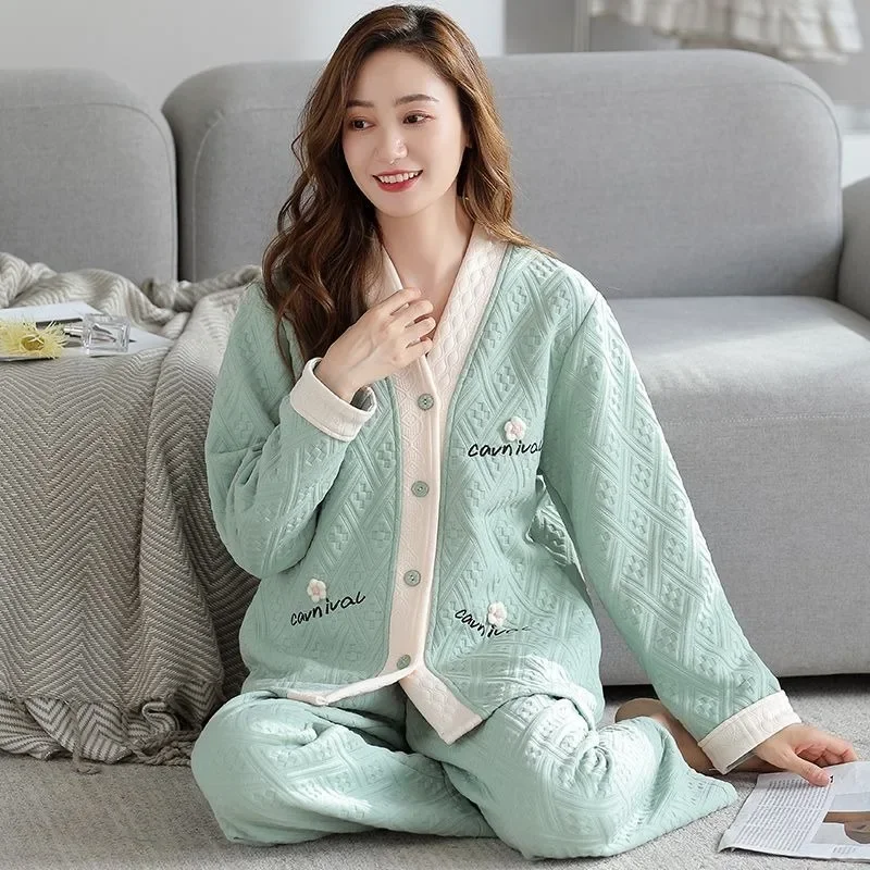 2024 New Sleepwear Women's Autumn Winter Thick Loungewear Pure Cotton Interlayer Air Cotton Sleepwear V-neck Warm Homewear Set