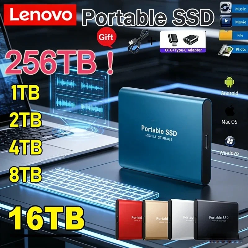 

Внешний твердотельный накопитель Lenovo 1 ТБ, высокоскоростной жесткий диск 2 ТБ, портативный SSD USB 3.1 256 ТБ, 128 ТБ для ПК/ноутбука/Mac/телефона