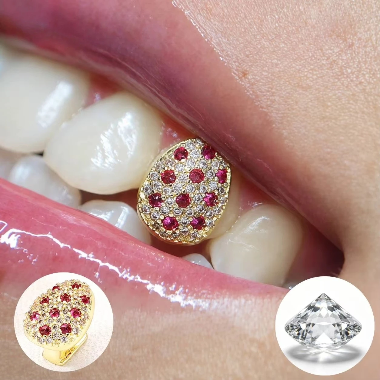 Mixed Pink & Clear CZ Iced out Oval Single Tooth Grillz with Inverted Pink Stone Hip Hop Tooth Cap for Men And Women with Beads