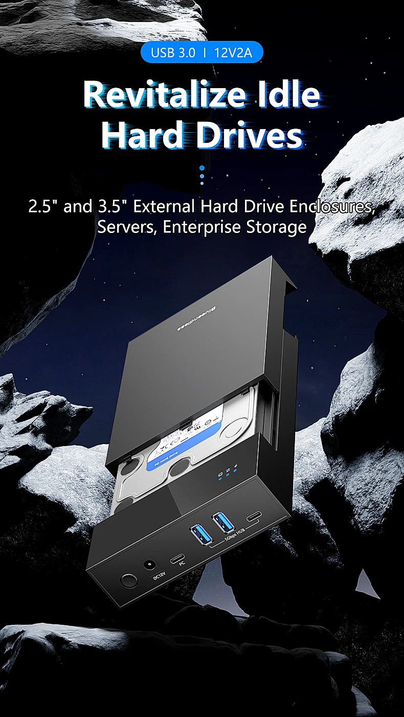 Blueendless 2,5/3,5 Zoll HDD/SSD-Gehäuse mit USB3.0-HUB, Unterstützt 18TB, Typ-C-zu-SATA-Adapter, Werkzeugfreies HDD-Gehäuse mit 12V-Stromadapter – Detail 2