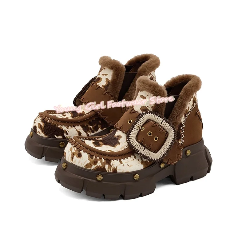 

Зимние ботинки на меховой флисовой подкладке и замшевой платформе в стиле ретро, рождественские ботильоны на шнуровке с круглой головкой и коровьей цветной блокой, ручная работа
