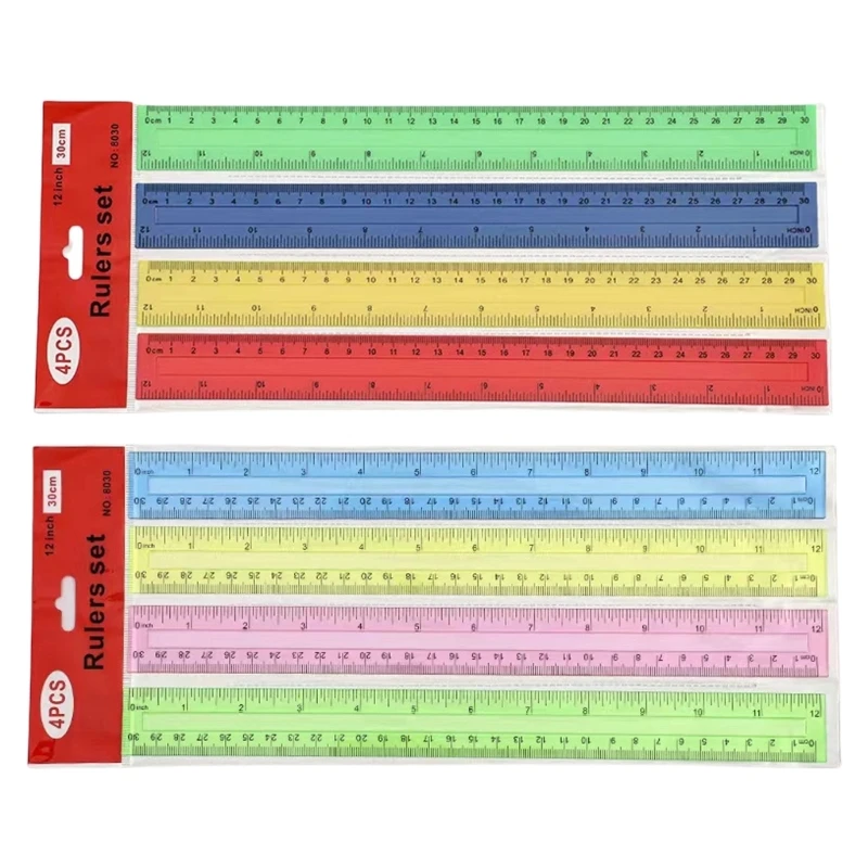 6Pcs 12Inch Clear Rulers Math Ruler Colorful Drawing Ruler with Inches Centimeters Scale for Drawing Drafting Measuring  D2RC