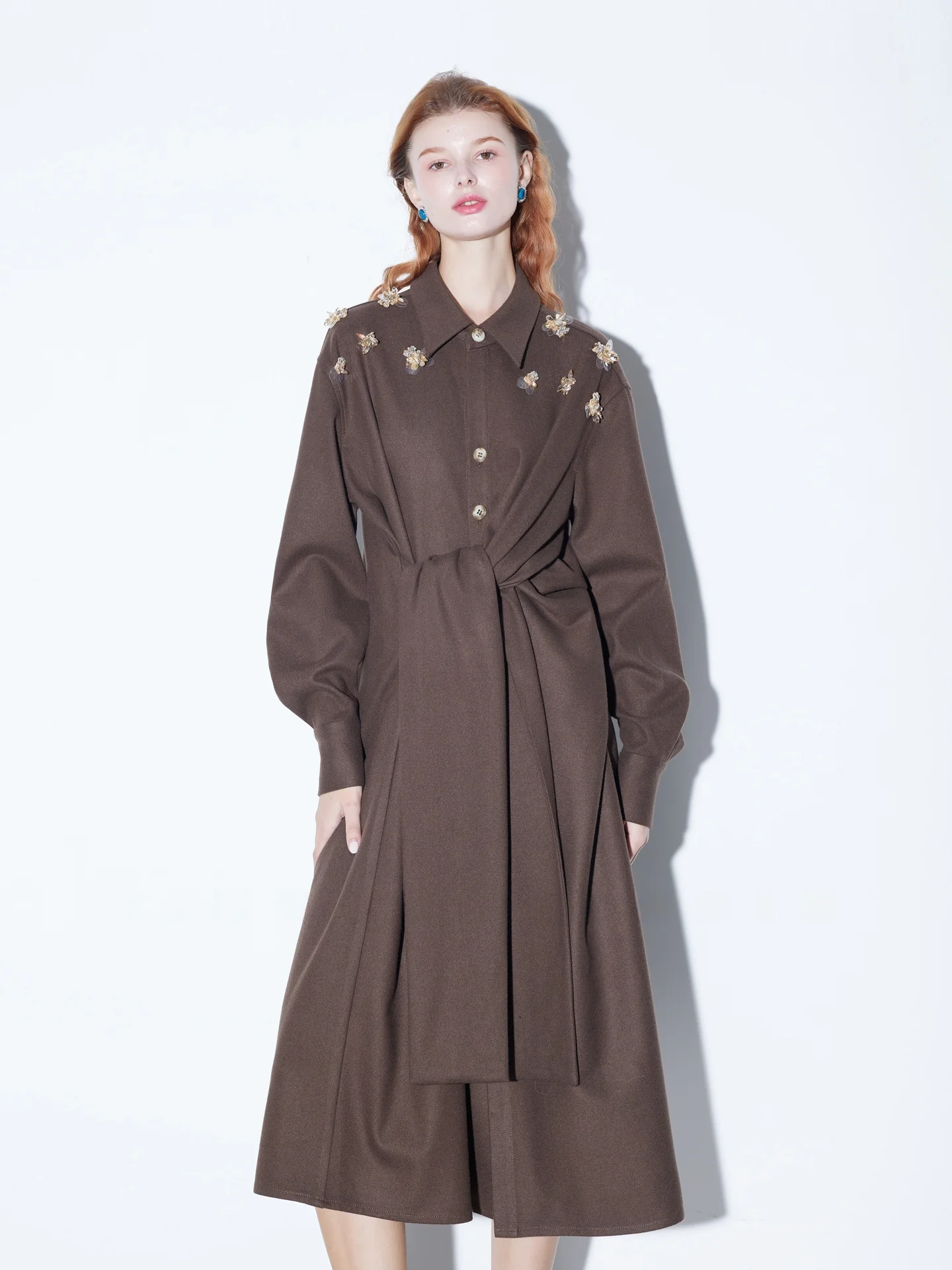 

Finocci Luxury Handmade Workop 3D Crystal Bead Woolen Hollow Tead High-End Feeling irt Dr Bow-Knot Casual Skirt