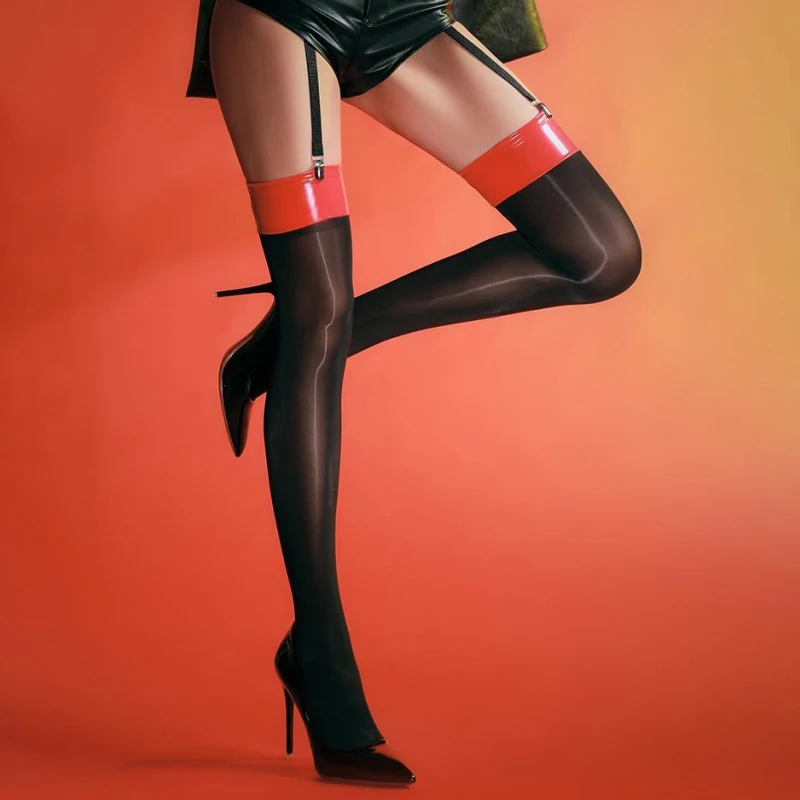 PUNK PU หนังถุงน่อง Patchwork Horse น้ํามันเงาเซ็กซี่ถุงน่องสีดํา POLE Dance ขายาวถุงน่องเข่าถุงน่องยืดหยุ่นสูง