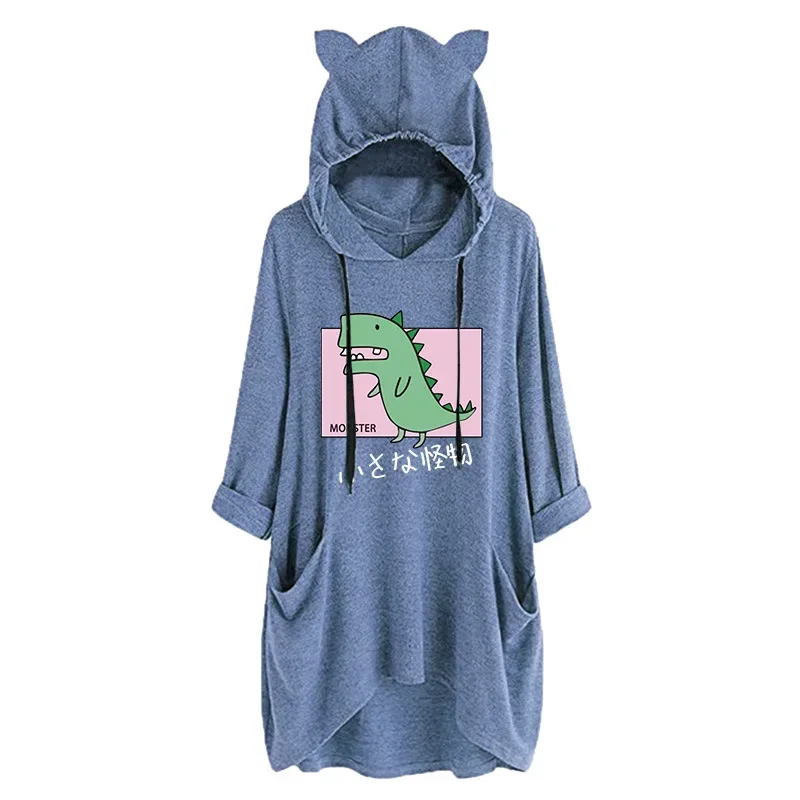 Dropshipping A Kawaii Dinosaur Cat Ears Hoodies Women Aesthetic Graphic Anime Hoodie Unisex Autumn Manga Hooded Sweatshirts