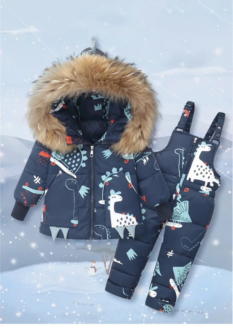 Children Winter Warm Down Jacket Parka Boy Baby Overalls Toddler Girl Clothes Kids Dinosaur Clothing Set Hooded Coat Snowsuit
