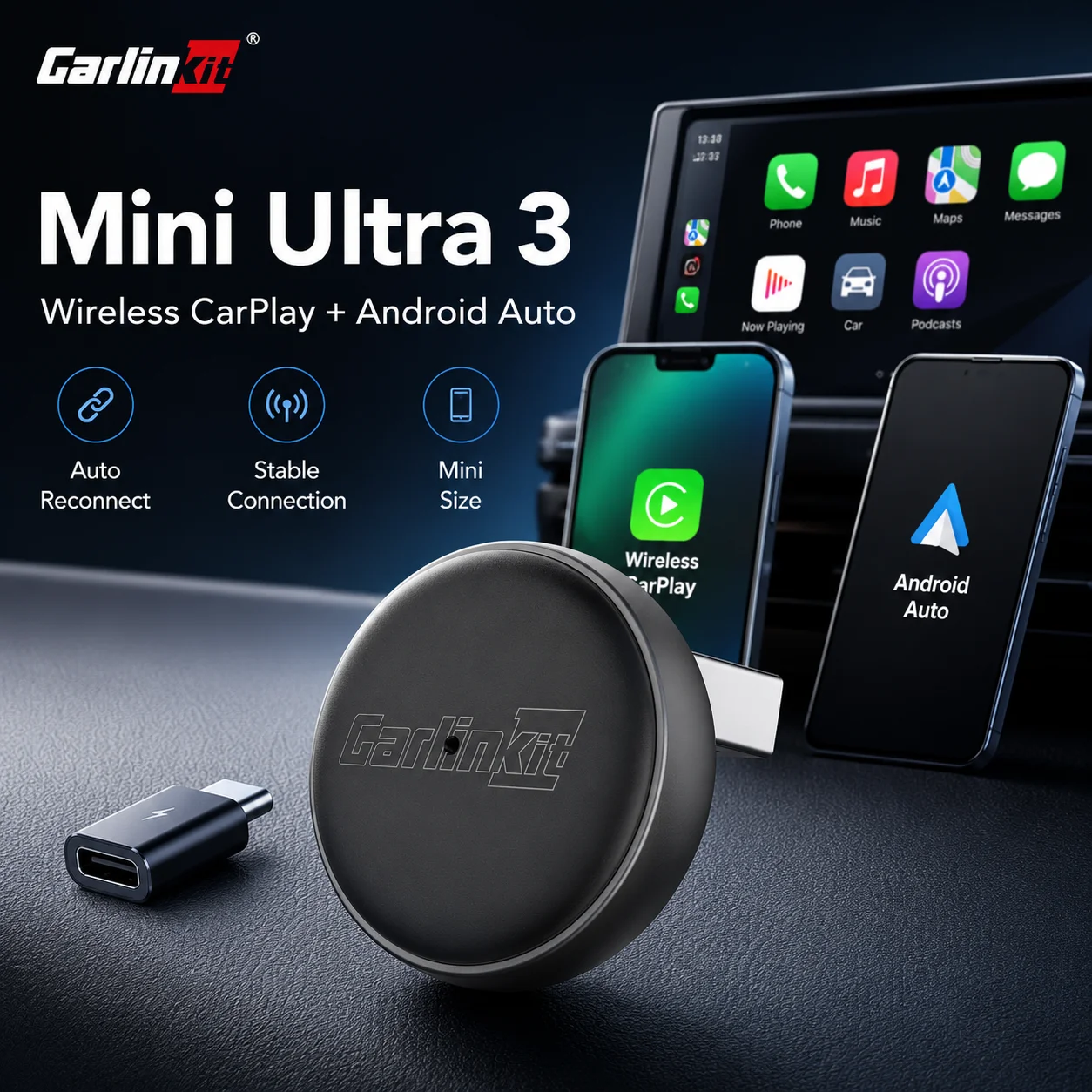 Carlinkit Mini Ultra 3 Wireless CarPlay Android Auto Adapter 2 in 1, Wired to Wireless CarPlay Dongle for iPhone Android, Mini USB A USB C Car Adapter, Plug and Play Auto Reconnect for Factory Wired CarPlay Android Auto Cars