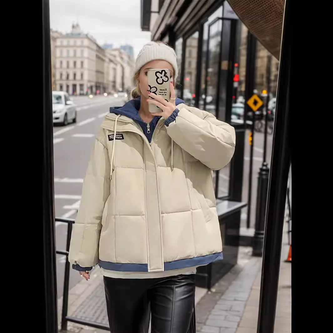 2024 Winter Women\'s Cotton Jacket Female Fake Two Pieces Contrast Hooded Parkas Coats Women\'s Thicken Warm Padded Jacket