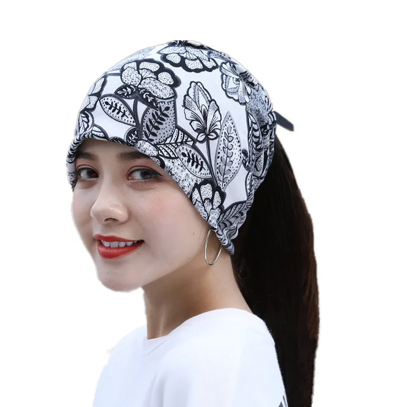 Multifunction Women Summer Leaves Lace Cotton Sunscreen Sun Hat Spring Maternity Windproof Warm Cap Ponytail Headscarf Scarf W56