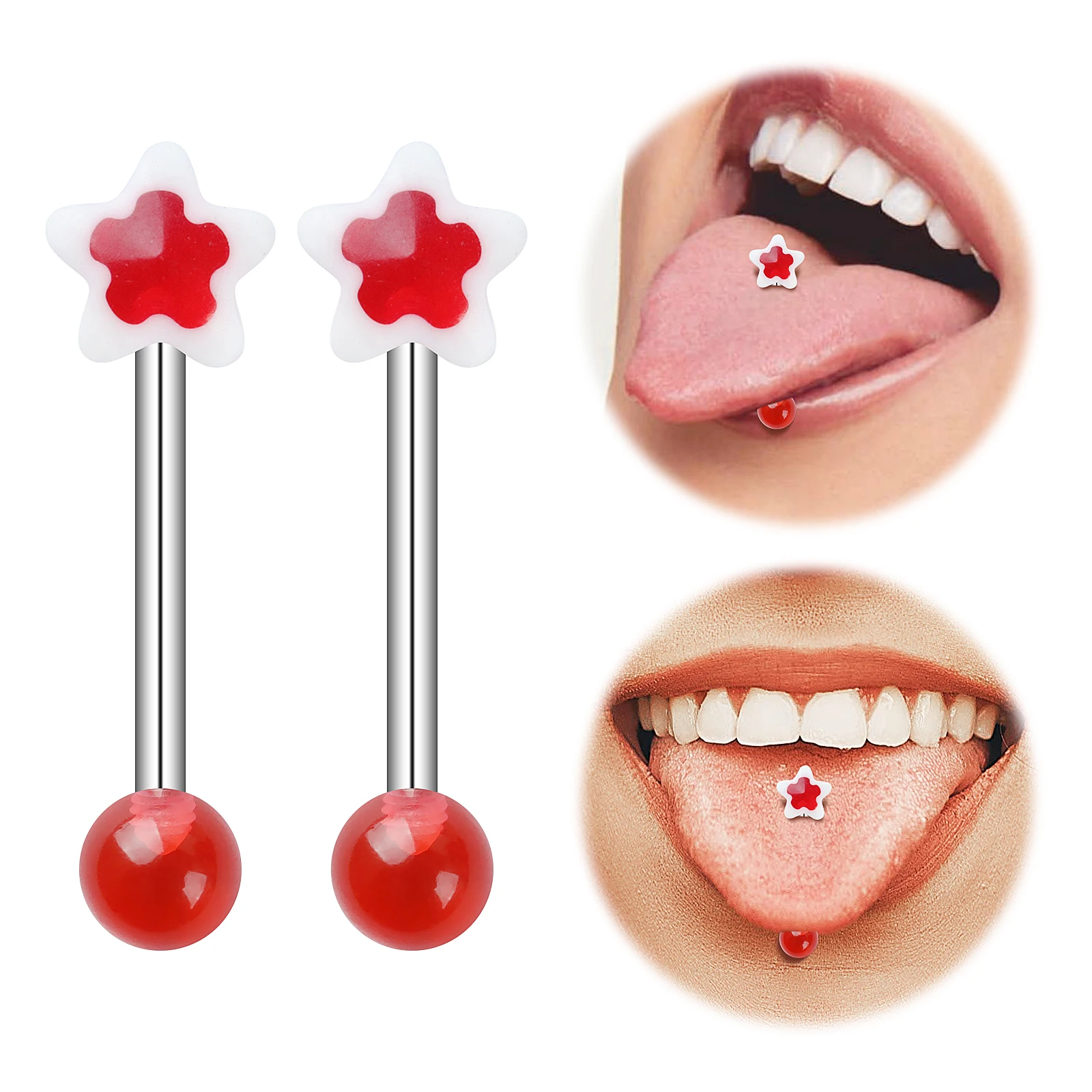 1/3/5/10pcs Cute Acrylic Tongue Piercing Red Star Shaped Tongue Nail Stainless Steel Rod Sexy Women's Piercing Jewelry Gift