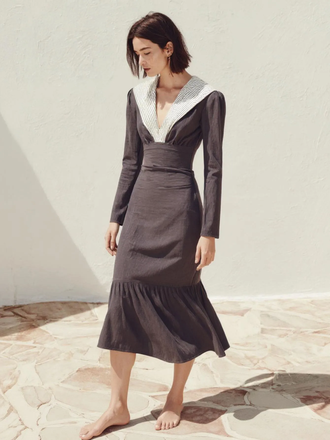 فساتين Mia Muse Boutique للصيف والخريف K-Fashion أنيقة بألوان متباينة وأكمام طويلة ورقبة على شكل حرف V فساتين طويلة متوسطة الطول للنساء