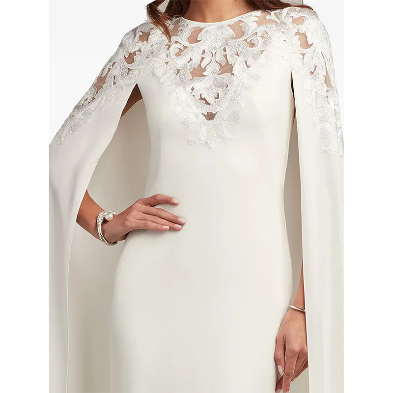 Ivory Elegant O-Neck Mermaid Evening Dresses With Cape Sleeves Appliqued Sweep Train New In Fashion Wedding Guest Prom Gowns