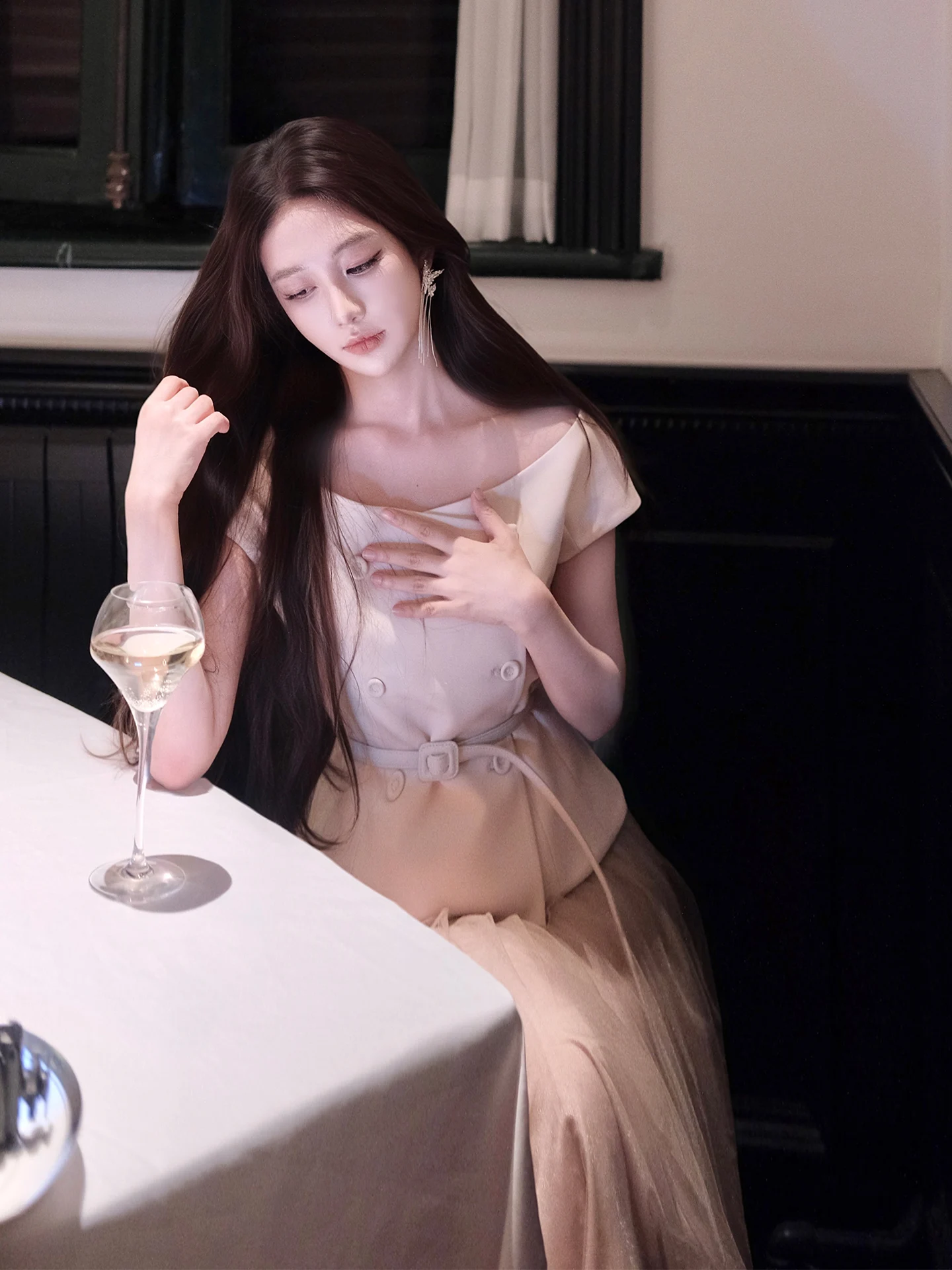 

Amor D Home Silk Wool oulder Bared Suit Skirt Set 3D Tailoring Rich Girl Sle Casual ort Sve Women's Faion