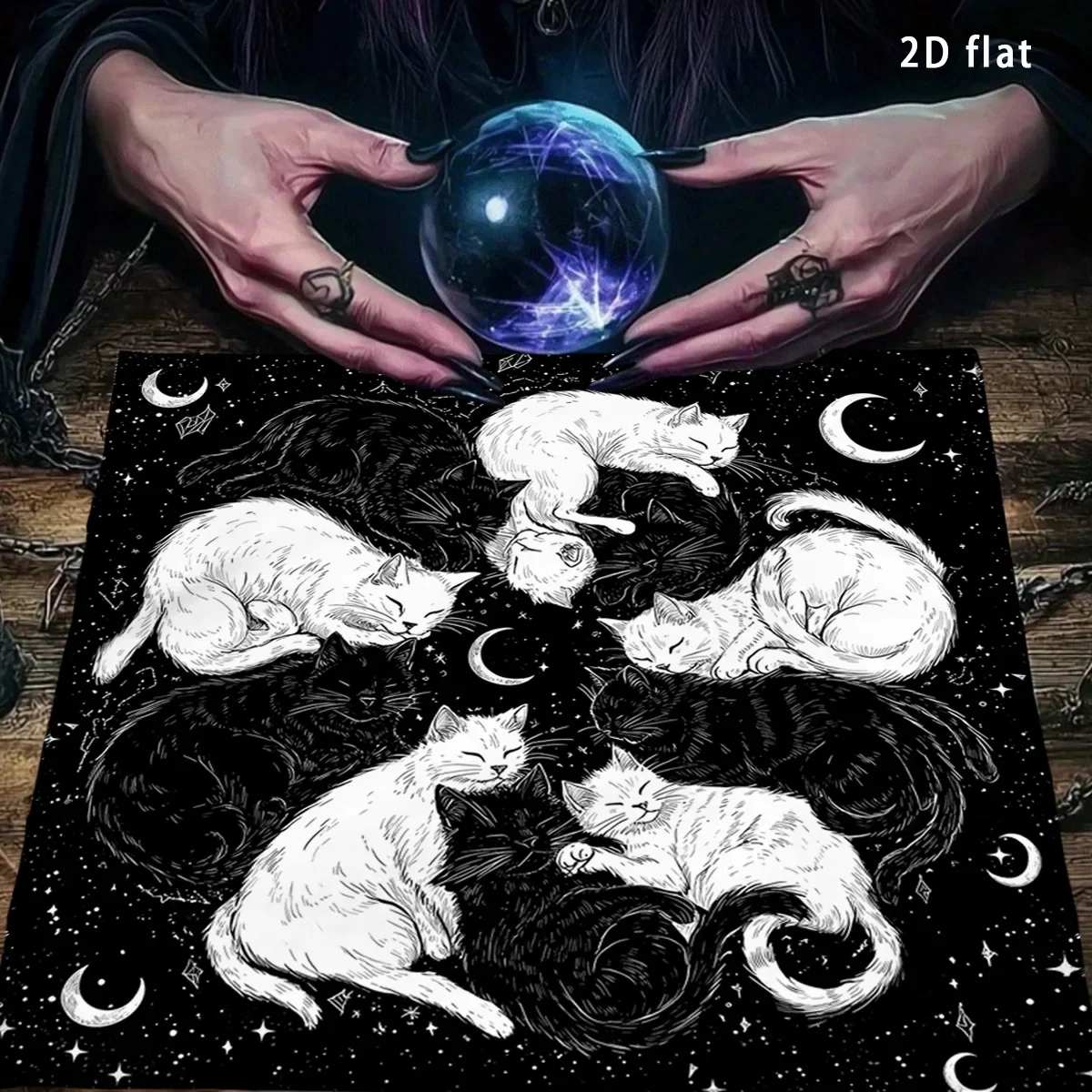 Black And White Cat Tarot Tablecloth Moon Phase Starry Sky Divination Cloth Dream Altar Cloth Card Pad Home Decor Art Poster