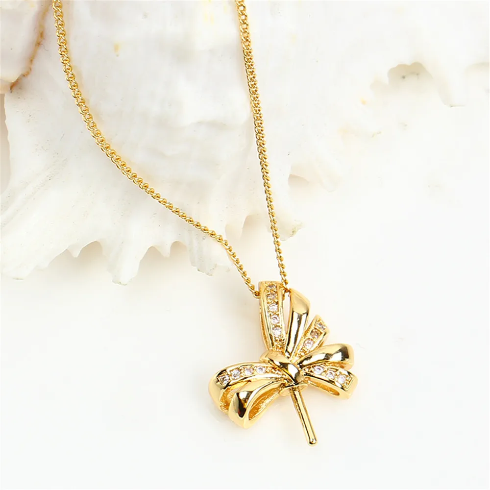 Domestic 14k Gold-plated Gold-plated Bow Pearl Necklace Pendant Empty DIY Accessories Female