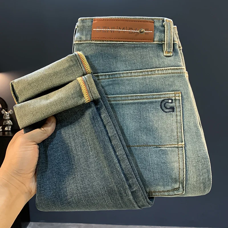 

Модные мужские джинсы с градиентом в стиле ретро, осень 2021, повседневные эластичные облегающие модные брюки с маленькими штанинами