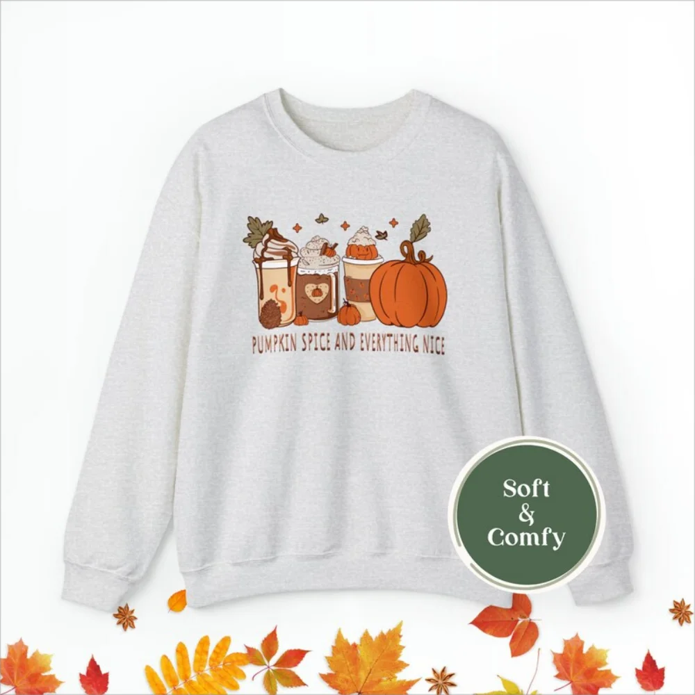 Pumpkin Spice Oversized Print Sweatshirt, Coffee Lover Gift, Fall Fashion Cozy Sweater, Halloween Crewneck Pullover Top