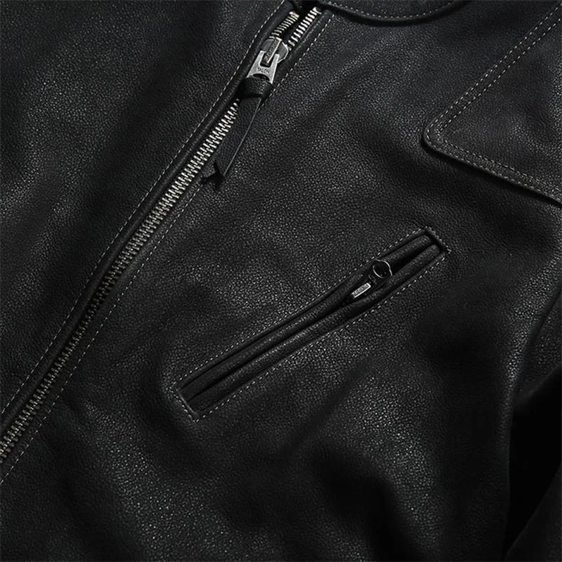 Black Autumn Leather Jacket Men Sports Style Plus Size 4XL Genuine Natural Cow Suede Stand Collar Slim Fit Leather Coat
