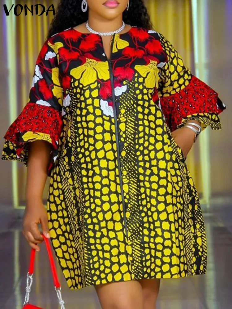 Plus Size 5XL VONDA Abito bohemien da donna 2025 Abito corto stampato vintage Manica svasata Vestito estivo da festa Casual Vestido Robe Femme