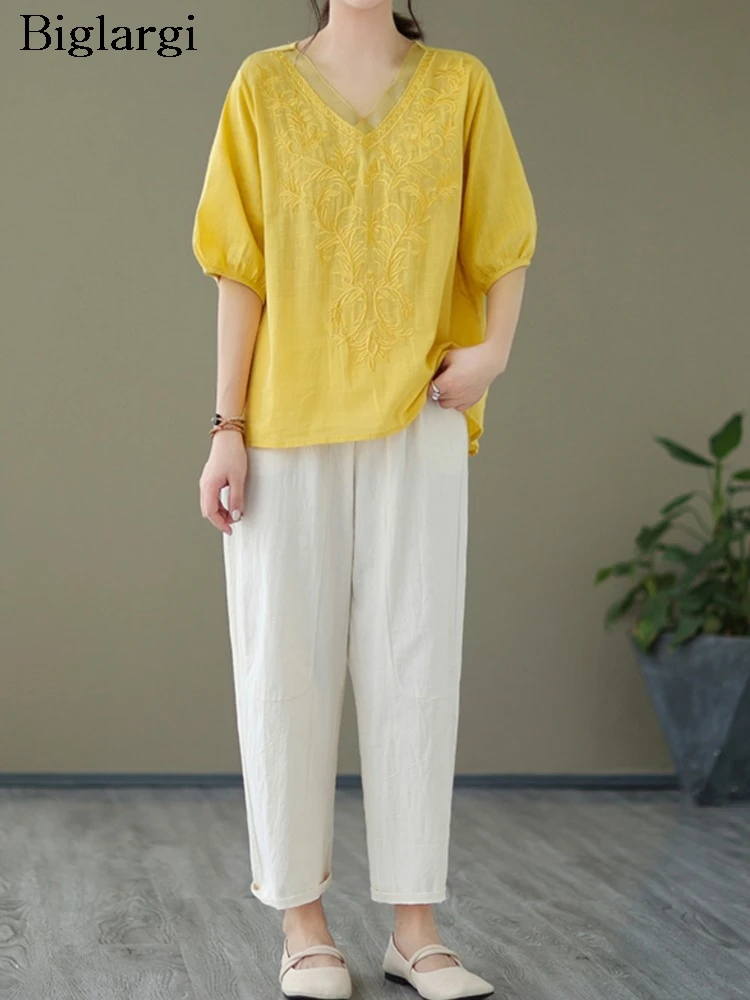 

Oversized Summer 2 Two Piece Set Women Flower Floral Embroidery Fashion Ladies Blouses Casual Loose Woman Harem Pant