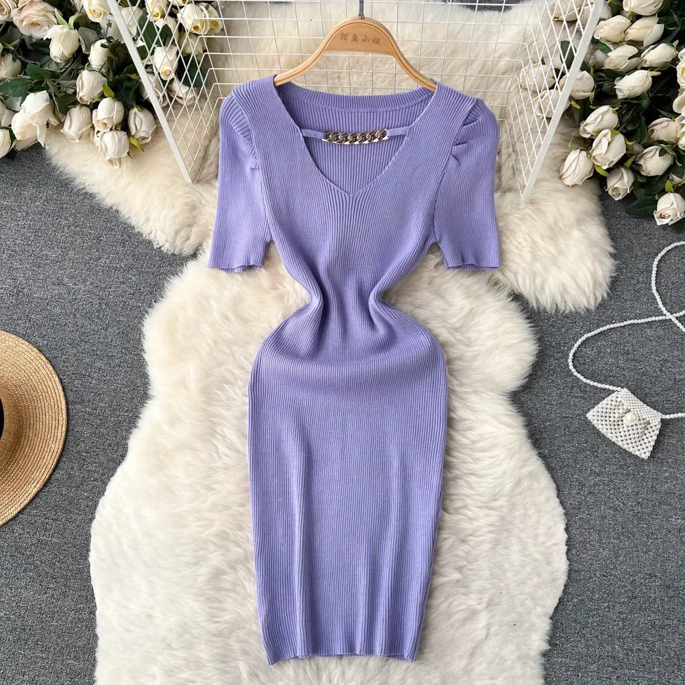 Chain Design Knitted Summer Dress Fashion Short Sleeves Korean Slim Dress Women Streetwear Elastic Short Party Mini Dress