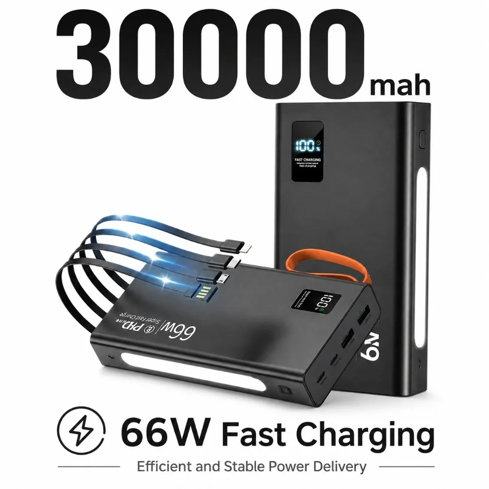 30000mAh Large Capacity 3C Certified Ultra Thin Compact Power Bank Built-in Cable Super Fast Charging for Xiaomi Samsung IPhone