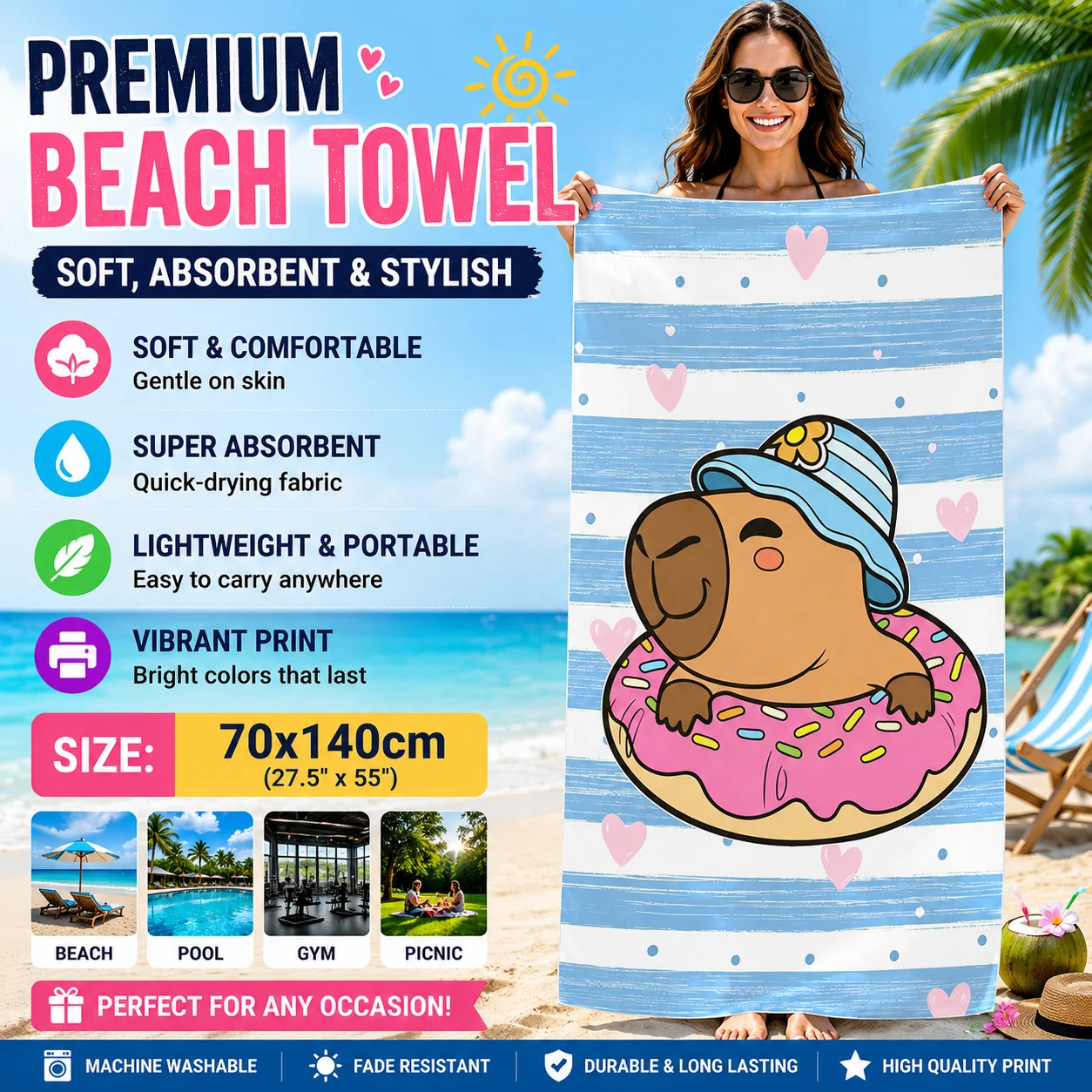 Towel Small Sport - Capybara Cartoon Beach Towel Quick-Drying Small