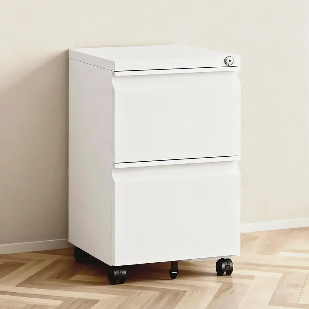 White Mobile Rolling File Cabinet with Lock and Under-Desk Storage Organizer