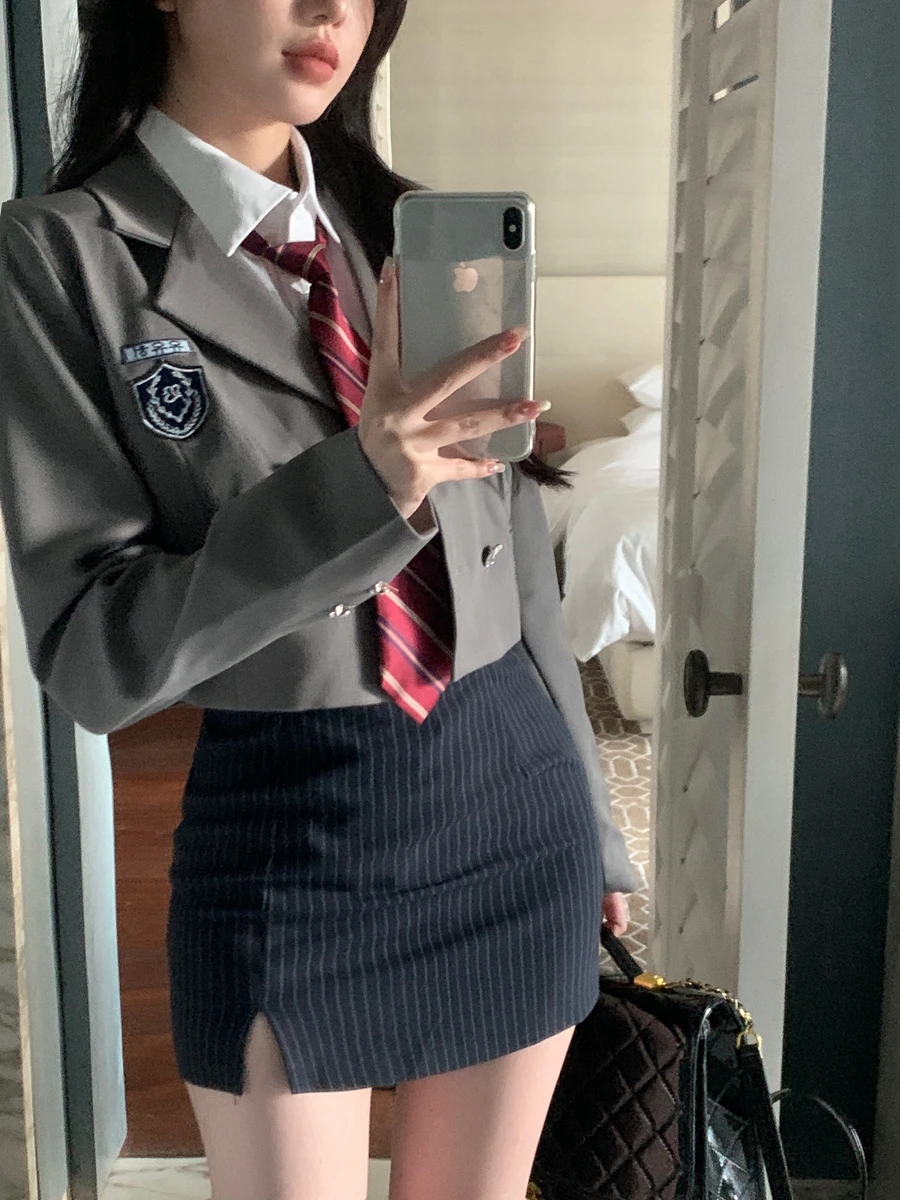Koreanische Sle College orm T-Stück Set Jk orm Outfit Rock Frühling Herbst Faion frauen Set Polyester Material