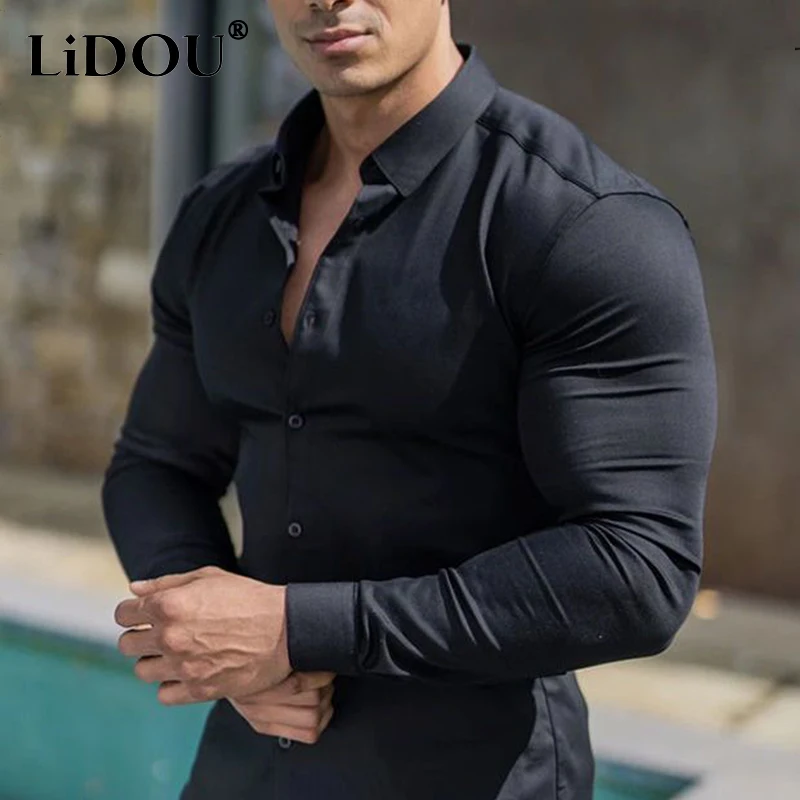 Primavera outono super fino ajuste simples bussiness camisas masculinas de manga longa anti-rugas muscular polo pescoço sólido blusas de negócios homme