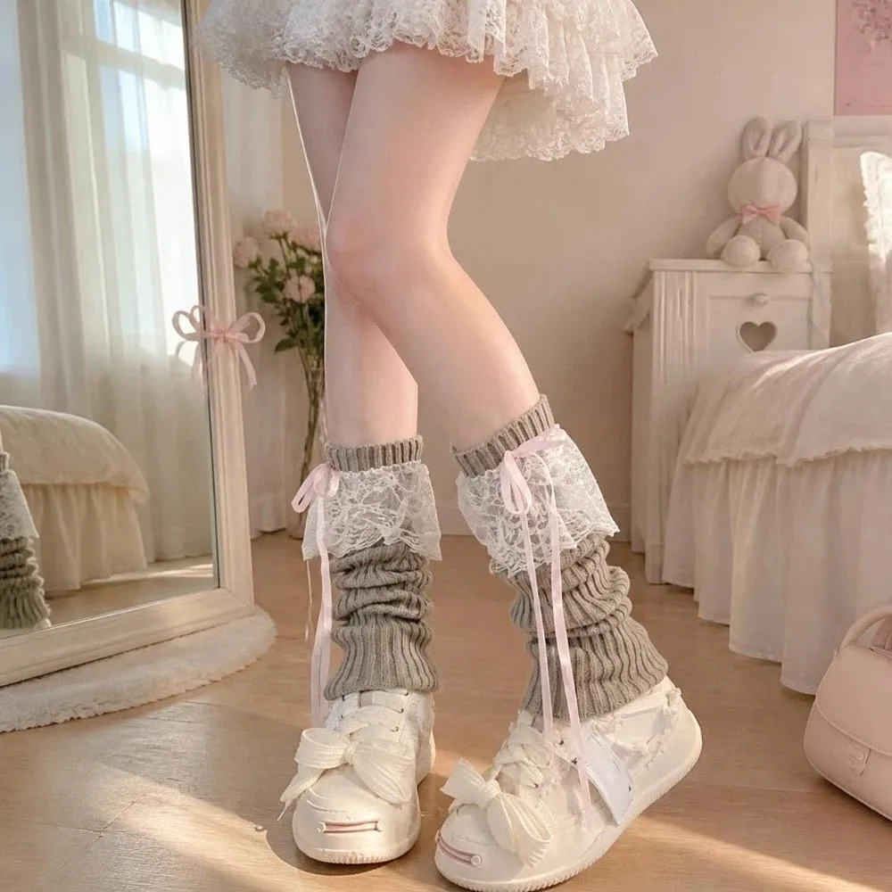 Japanese Lolita Leg Warmers Knitted JK Knee Warmers Autumn Winter Lace Bow Long Socks Daily
