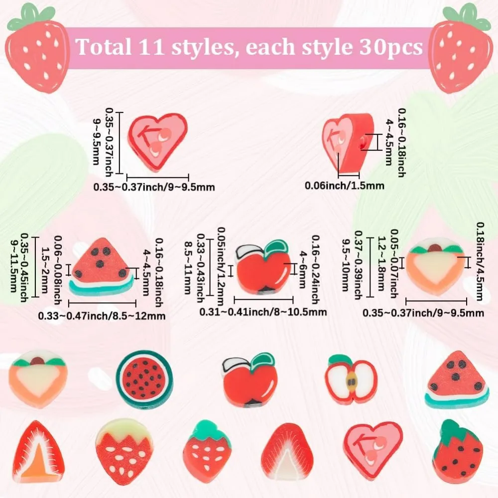 1박스 330개 11가지 스타일 딸기 클레이 비즈 과일 슬라이스 비즈 혼합 과일 여름 레드 수박 사과 하트 체리 복숭아