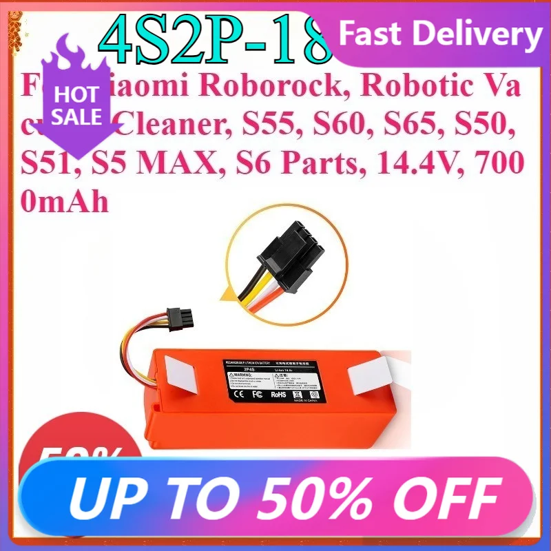 Replacement Battery for Xiaomi Roborock, Robotic Vacuum Cleaner, S55, S60, S65, S50, S51, S5 MAX, S6 Parts, 14.4V, 7000mAh