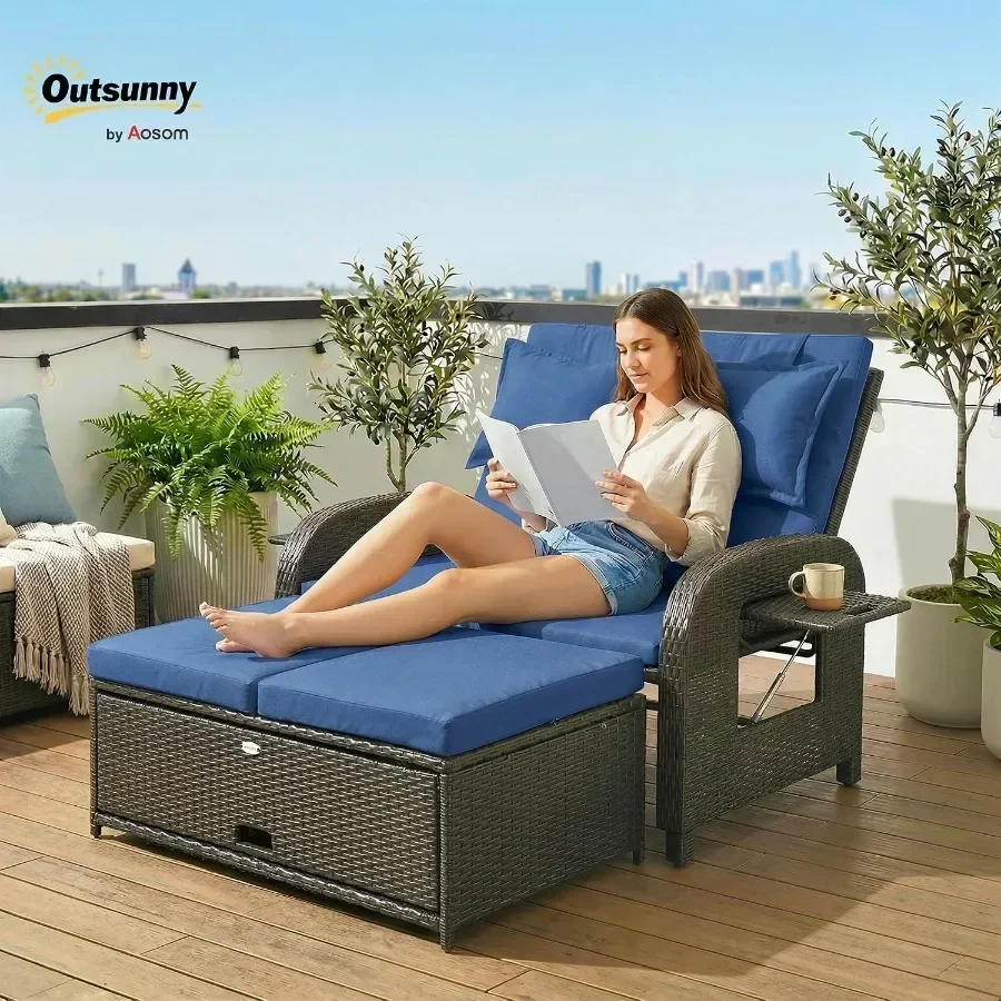 Patio Daybed for Outdoor Use, Wicker Material, Navy Blue Color, Includes Storage Ottoman