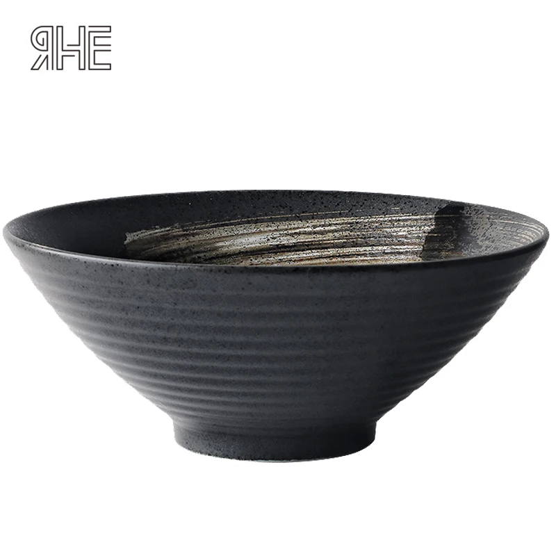 

RHE 1300ml 1350ml Black Ceramic Bowl Noodle bowl Big porcelain Fruit Salad Noodle Rice Bowl Handmade crafts decoration