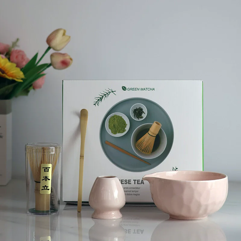 

4PCS Hammer Printing Matcha Set with Ceramic Bowl Bamboo Matcha Whisk Teaspoon Tea Sets Tea Lovers Gifts Tea-making Tools
