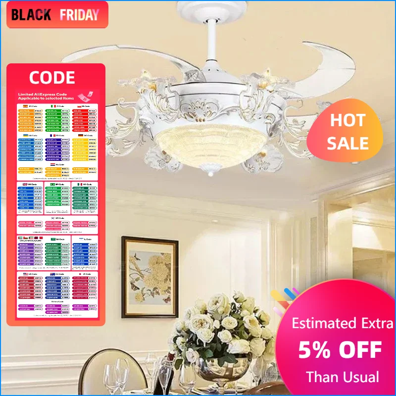 Crystal European Invisible Ceiling Fan Light Living Room Fan Light Intelligent Voice Retro Inverter Atmospheric Fan Chandelier