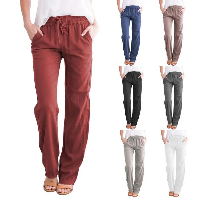 

Linen women's wide leg pants 2024 new design women's pants Amazon solid color cotton hemp rope loose casual wide leg pants women