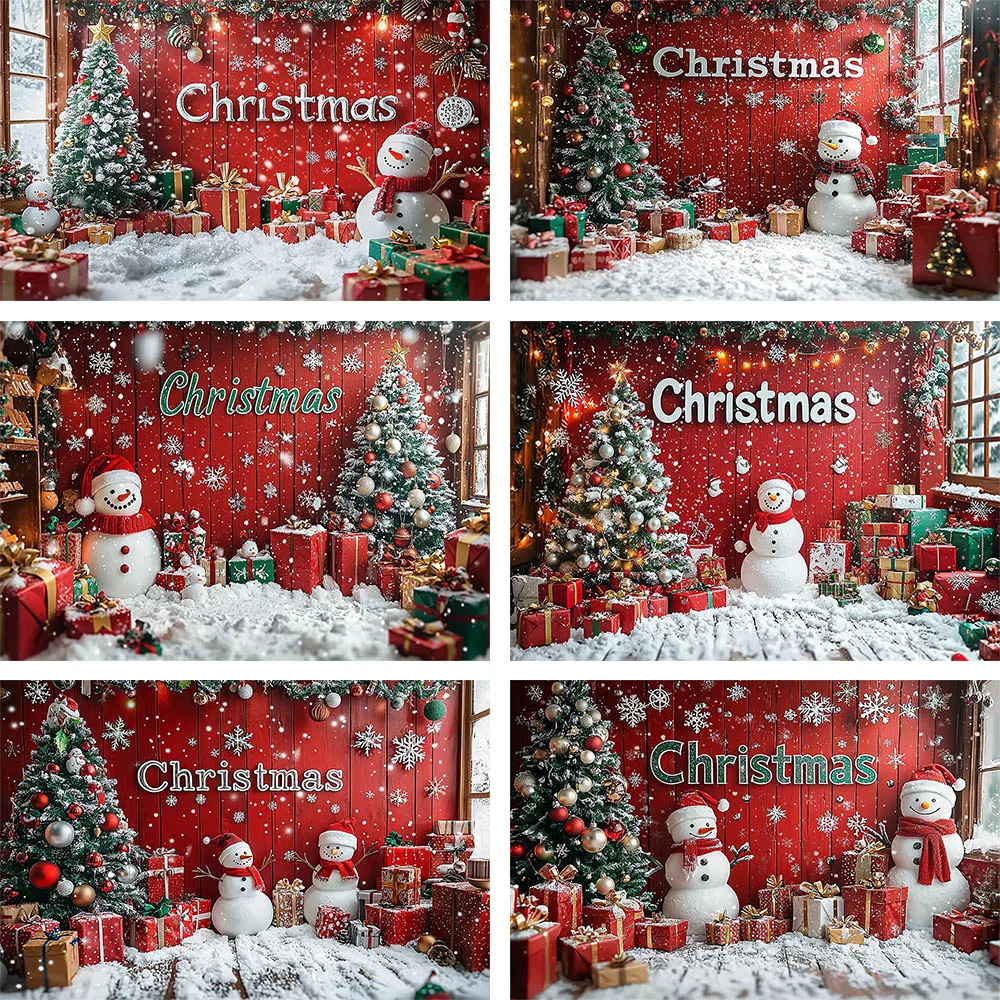 

Mehofond Christmas Red Wooden Wall Photography Backdrop Family Festival Snowmen Snowflakes Xmas Tree Background Photo Studio