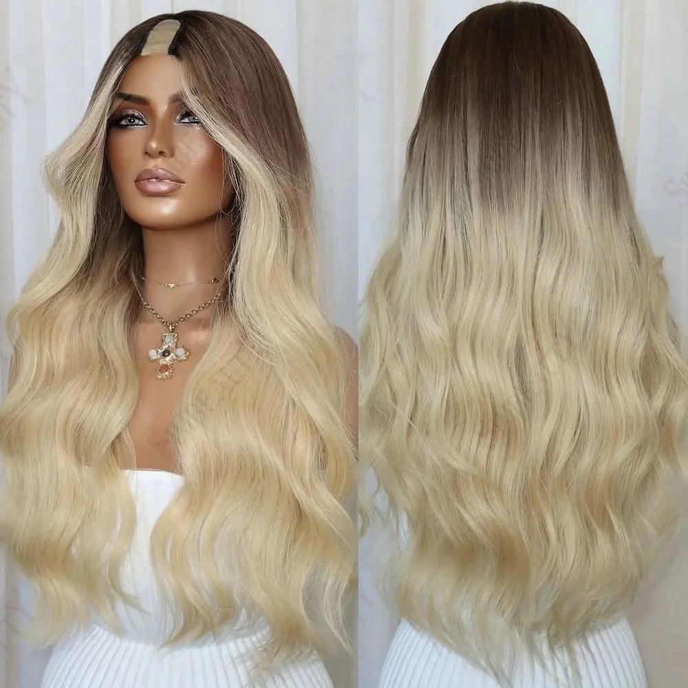 

Virgin European Hair Dark Roots Light Blonde Ombre Glueless 1x4 U Part Wig Human Hair Adjustable Loose Wave V Part Wig for Women