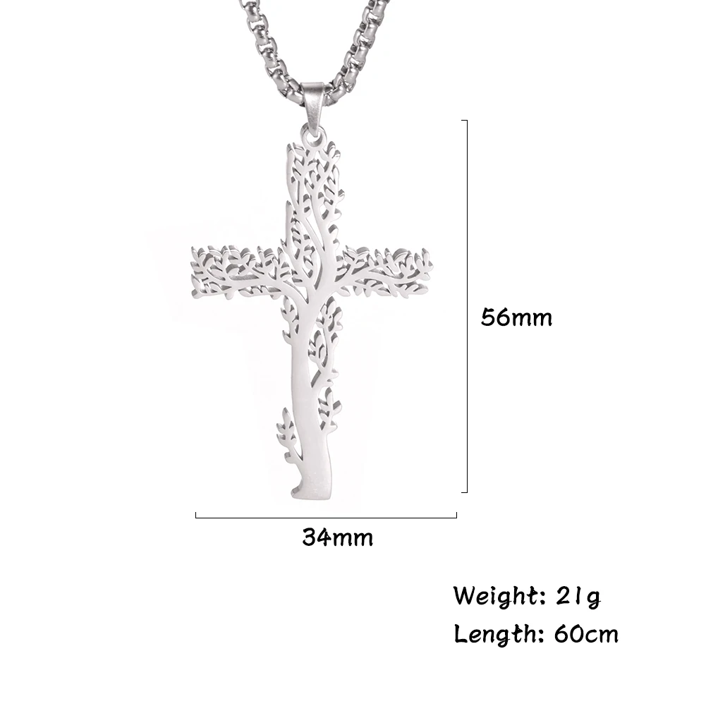 Collana con albero della vita con croce cristiana di Gesù per donne e uomini, catena in acciaio inossidabile, ciondolo con fede religiosa, regalo di