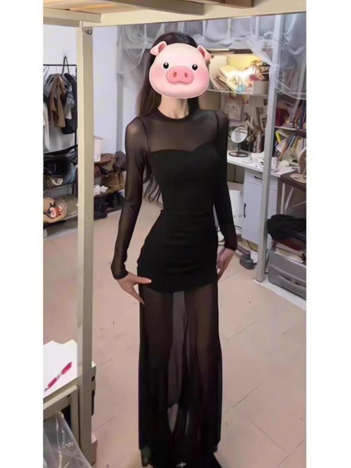 긴소매 여성 드레스 호코 여름 메쉬 튤 아플리케 머메이드 초미니 섹시 밀레니엄 핫걸 탄력성 솔리드