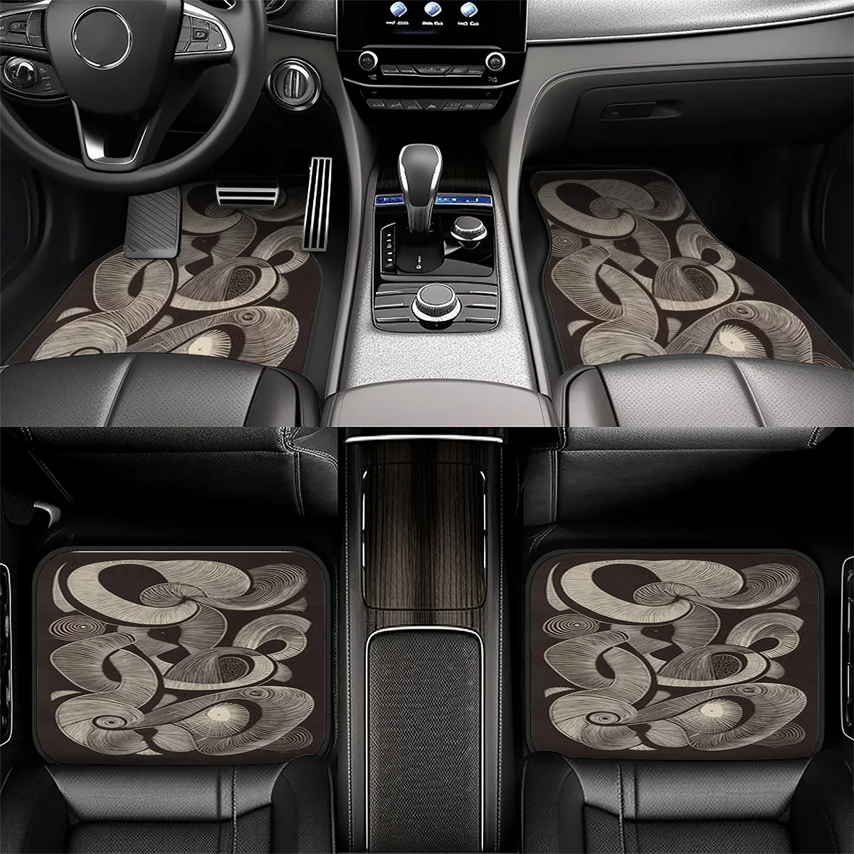 5pcs Car Floor Mats With Abstract Spiral Line Art Pattern Trunk Liner, Made Of For All-weather Protection. Features Non-slip Bac