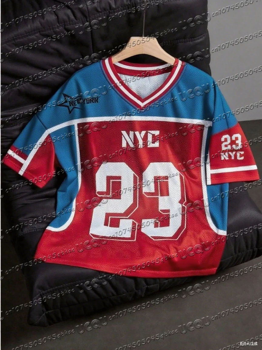 Women's V-Neck Sporty Jersey T-Shirt NEW YORK Print & NO.23 Summer Casual Wear Sports Dropped Shoulder Mesh T-shirt Tops